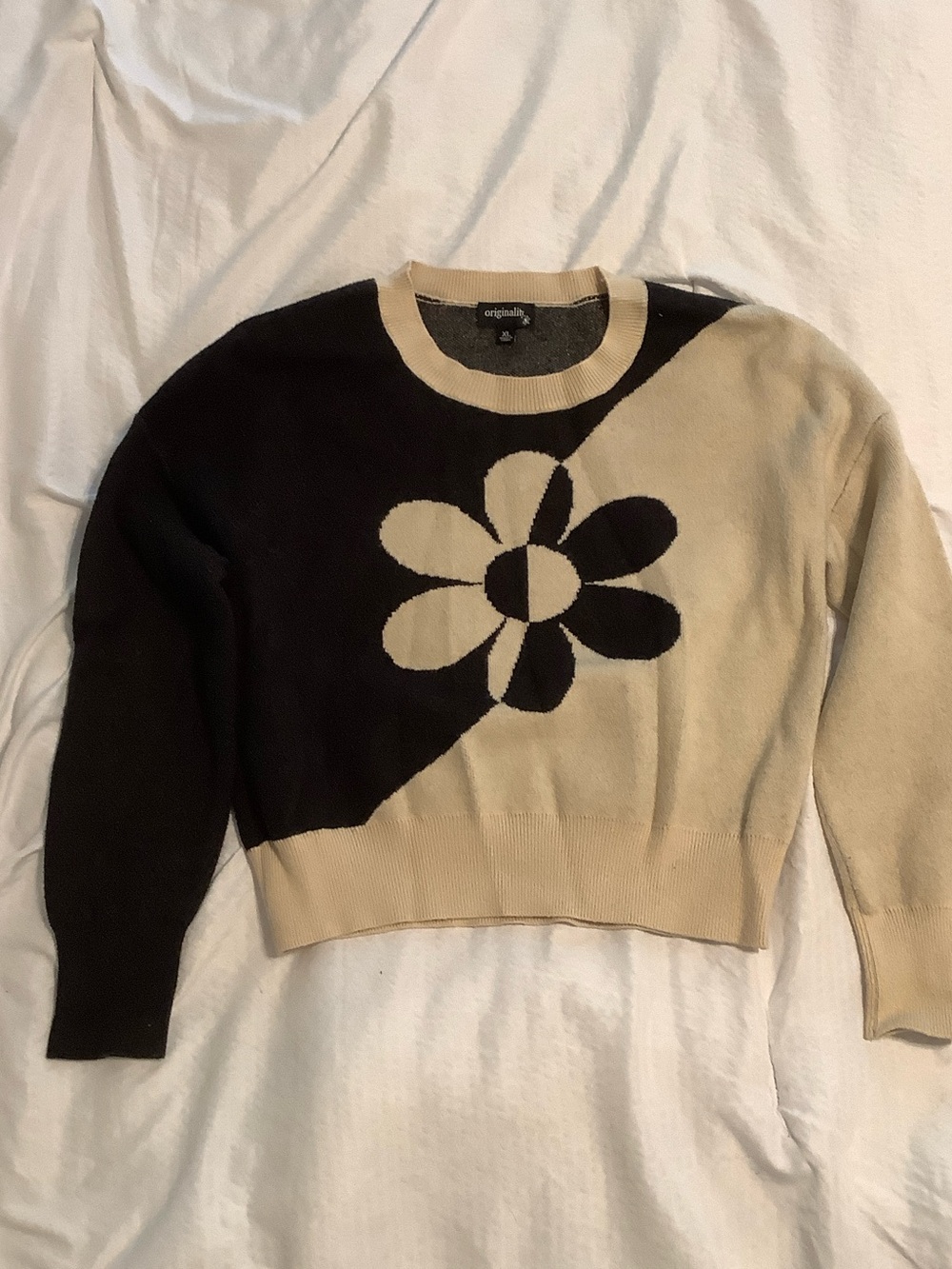 Originals Colorblock Flower Crewneck Sweater in Black and Cream